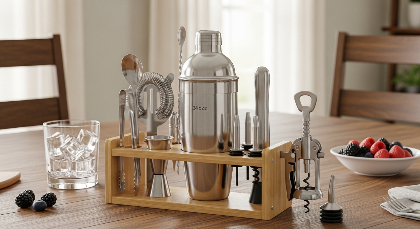 Amazon Basics 10-Piece Stainless Steel Bar Tools Set with a light bamboo stand, showcasing essential silver bartending equipment in a modern kitchen.
