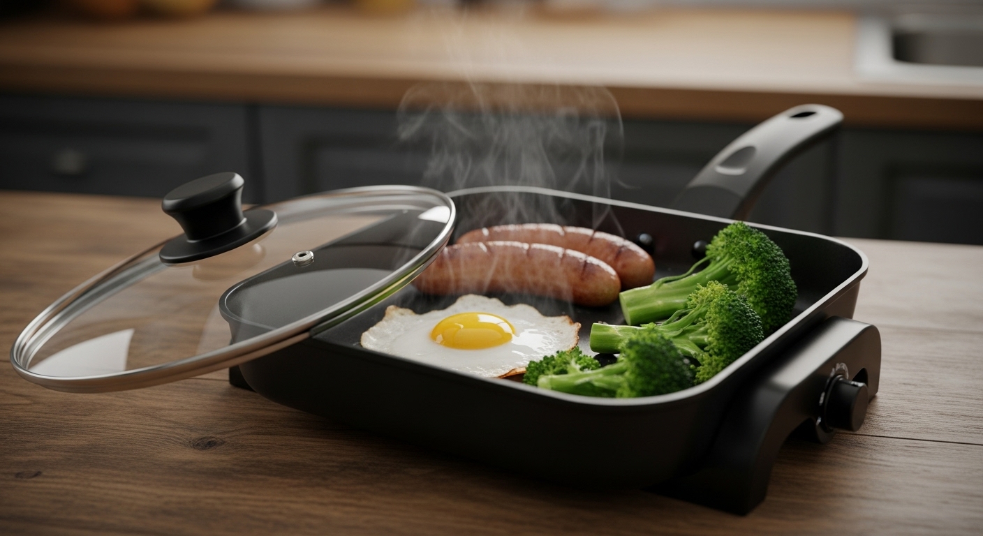 Amazon Basics Electric Skillet with breakfast food cooking, on a rustic wooden countertop