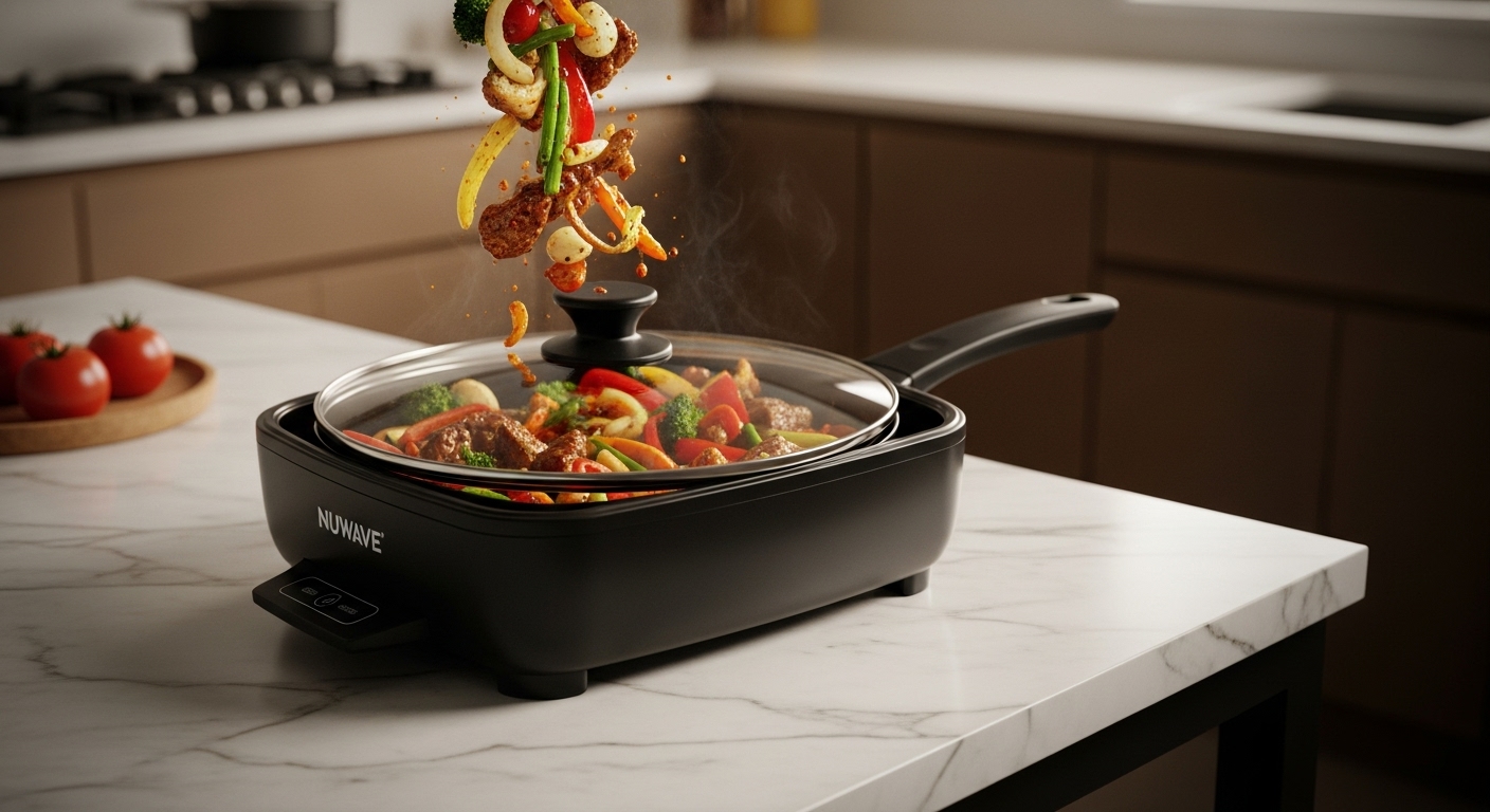 Nuwave Medley XL Digital Electric Skillet cooking a colorful stir-fry in a modern kitchen