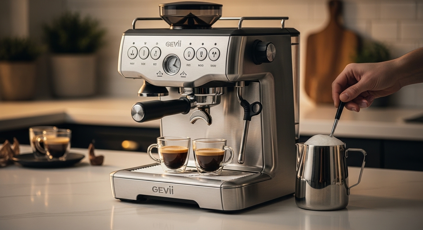 Gevi Espresso Machine with Grinder making two espresso shots