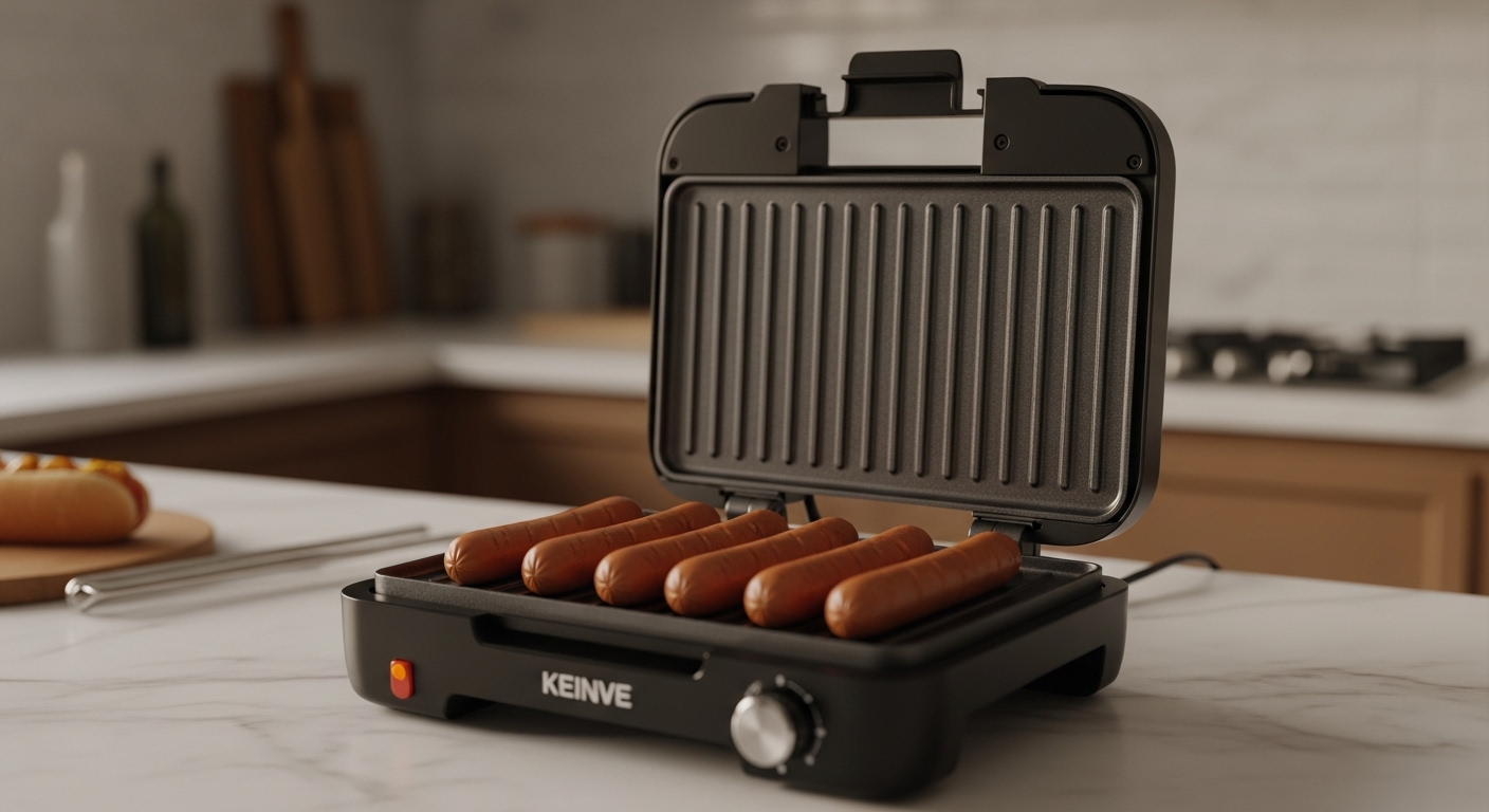 KEINVE Hot Dogs Maschine offen mit sechs gebräunten Hot Dogs auf Antihaft-Platten, servierfertig auf einer rustikalen Holzarbeitsplatte.