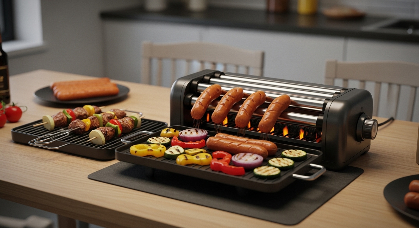JOURPEO Electric Hot Dog Roller 3-in-1, zeigt Hot Dogs auf Rollen, gegrilltes Gemüse auf der Grillplatte und Spieße auf der BBQ-Platte, in einer gemütlichen Kücheneinstellung.
