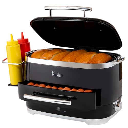 Kusini Hot Dog Steamer Maschine mit Brötchenwärmer, gefüllt mit Hot Dogs und Brötchen, neben Gewürzflaschen, bereit für einen Filmabend.