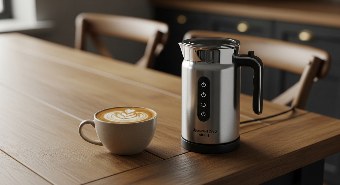 Upgraded Dreo All-in-1 Electric Milk Frother producing creamy foam for a delicious coffee drink on a rustic wooden countertop.