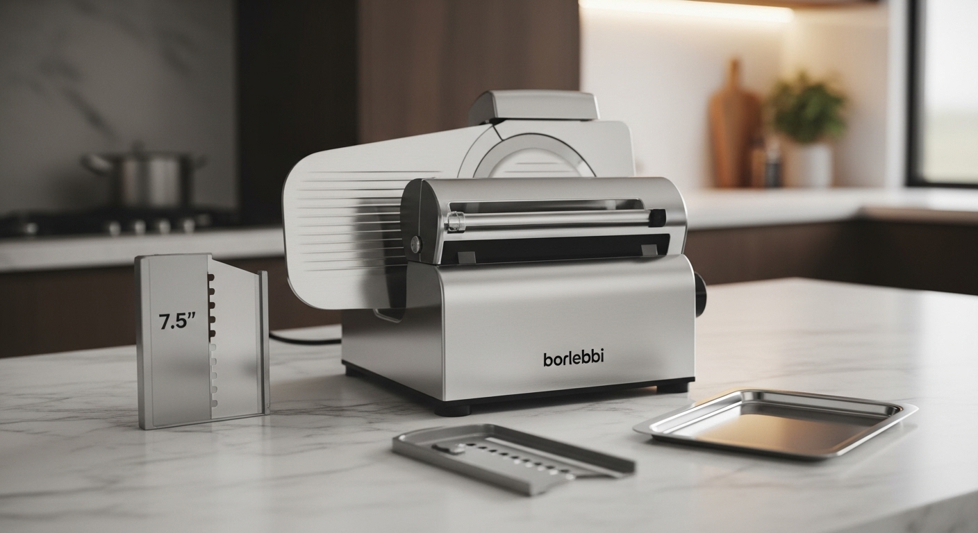 Borlebbi 200W Electric Food Slicer with two removable 7.5-inch stainless steel blades and tray on a marble countertop