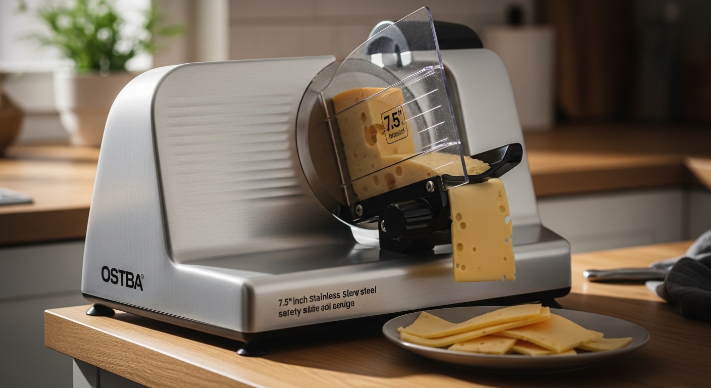 OSTBA Electric Deli Food Slicer with 7.5-inch blade slicing cheese in a cozy kitchen