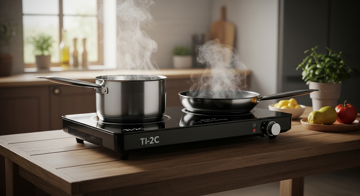 TI-2C Portable Dual Induction Cooktop on a wooden island with cooking pots