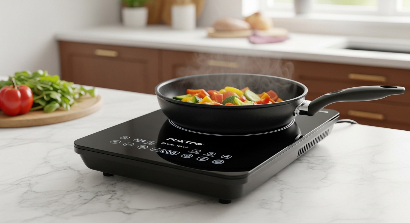 Duxtop Portable Induction Cooktop 9610LS on a marble counter, cooking vegetables