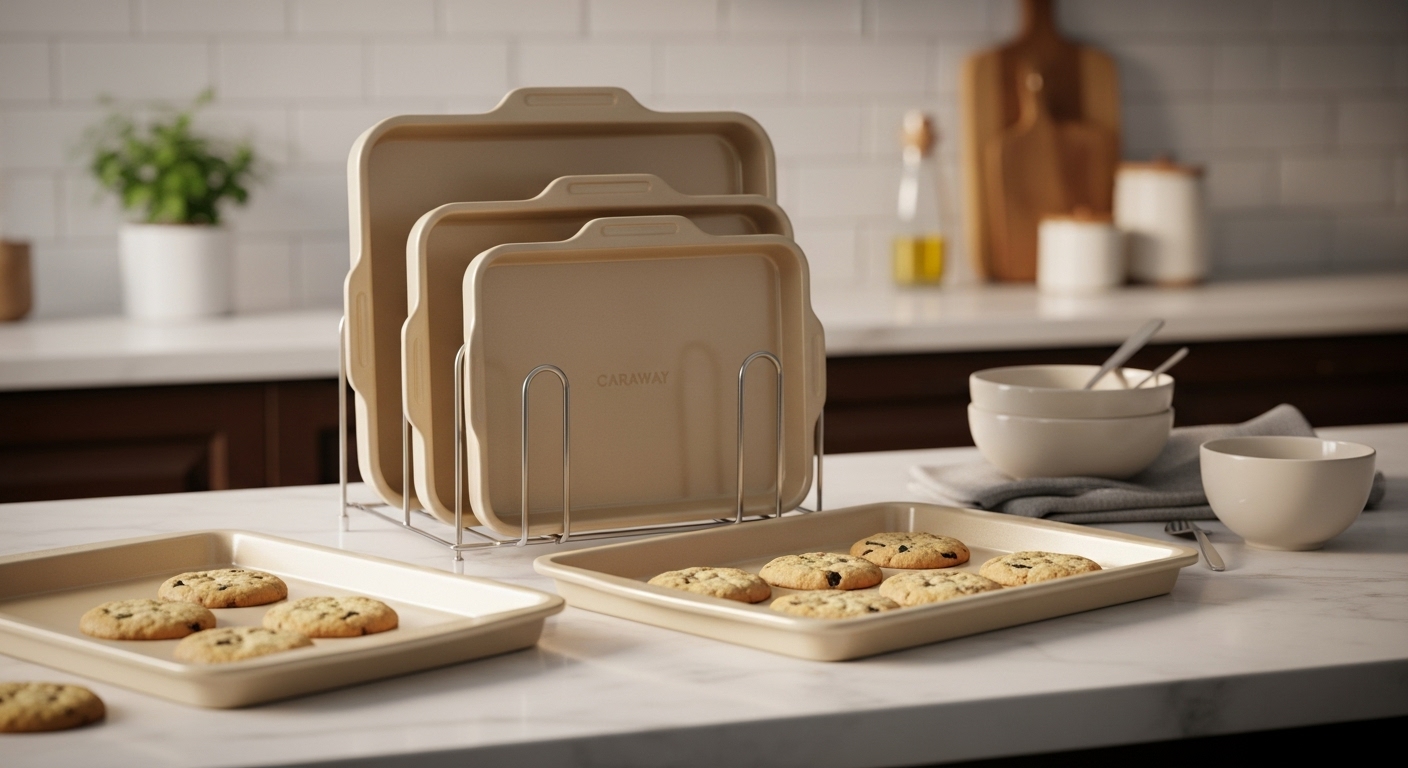 Caraway 11 Piece Nonstick Ceramic Bakeware Set in cream with baked goods on a marble countertop