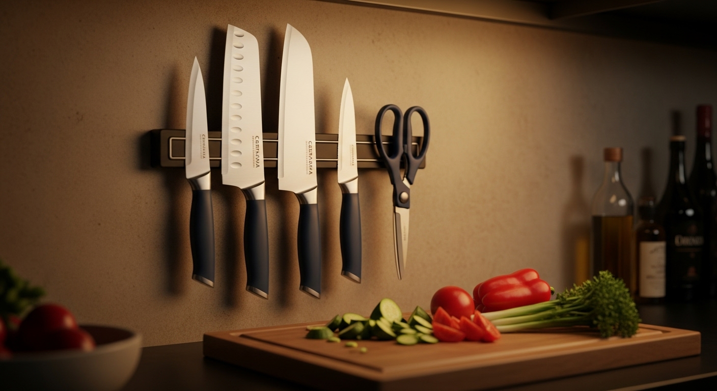 Caraway 5 Piece Knife Set with navy handles on a magnetic strip above a cutting board