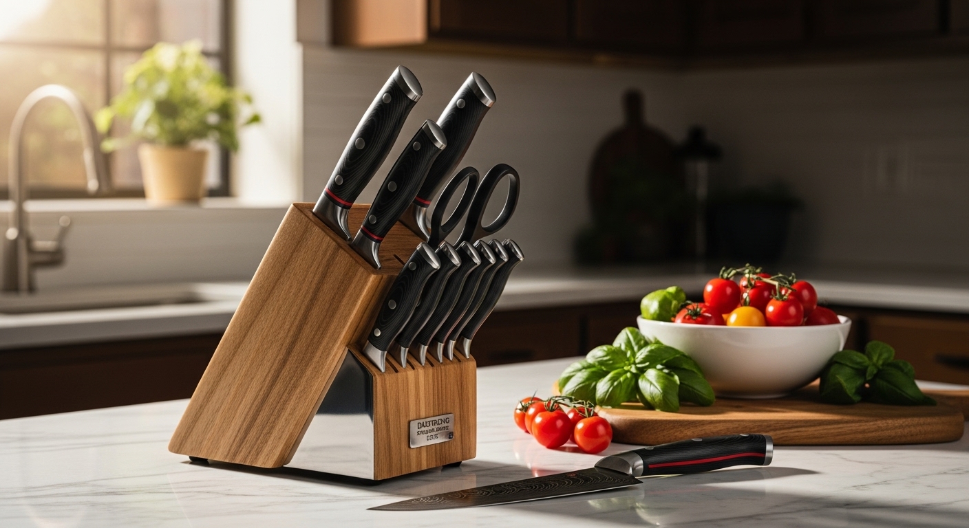 Dalstrong 5pc Shogun Series ELITE knife set with Damascus blades in an acacia wood block on a marble countertop with fresh ingredients.
