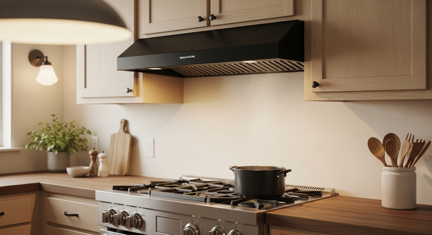 Broan-NuTone 413023 30-inch black ductless range hood in a rustic kitchen setting