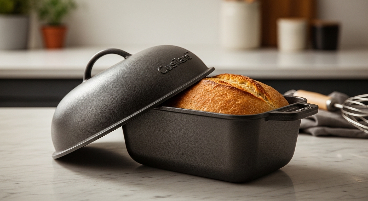 Cuisiland Cast Iron Bread Pan ouvert révélant un pain fraîchement cuit, doré, sur un plan de travail en marbre