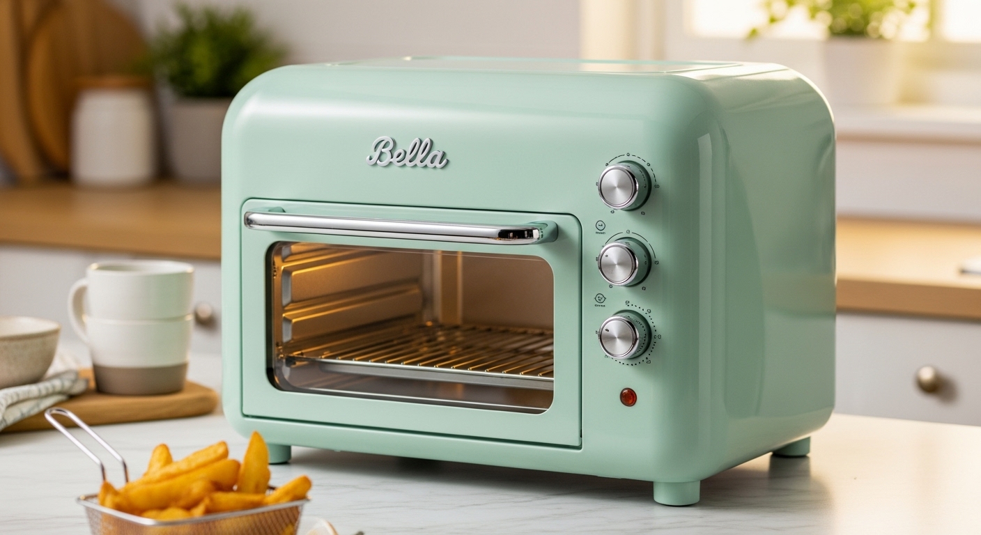 Bella Air Fry Toaster Ofen, seaglass grün, auf einer Marmorarbeitsplatte mit luftfrittierten Kartoffelspalten.