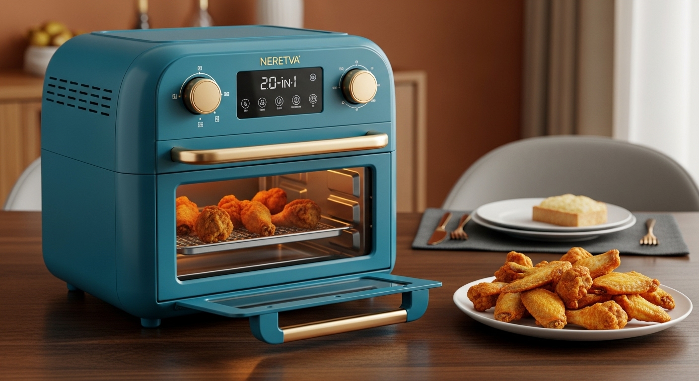Neretva 6-in-1 Toaster Ofen & Air Fryer, türkis mit goldenen Akzenten, auf einem Esstisch mit luftfrittierten Hähnchenflügeln.