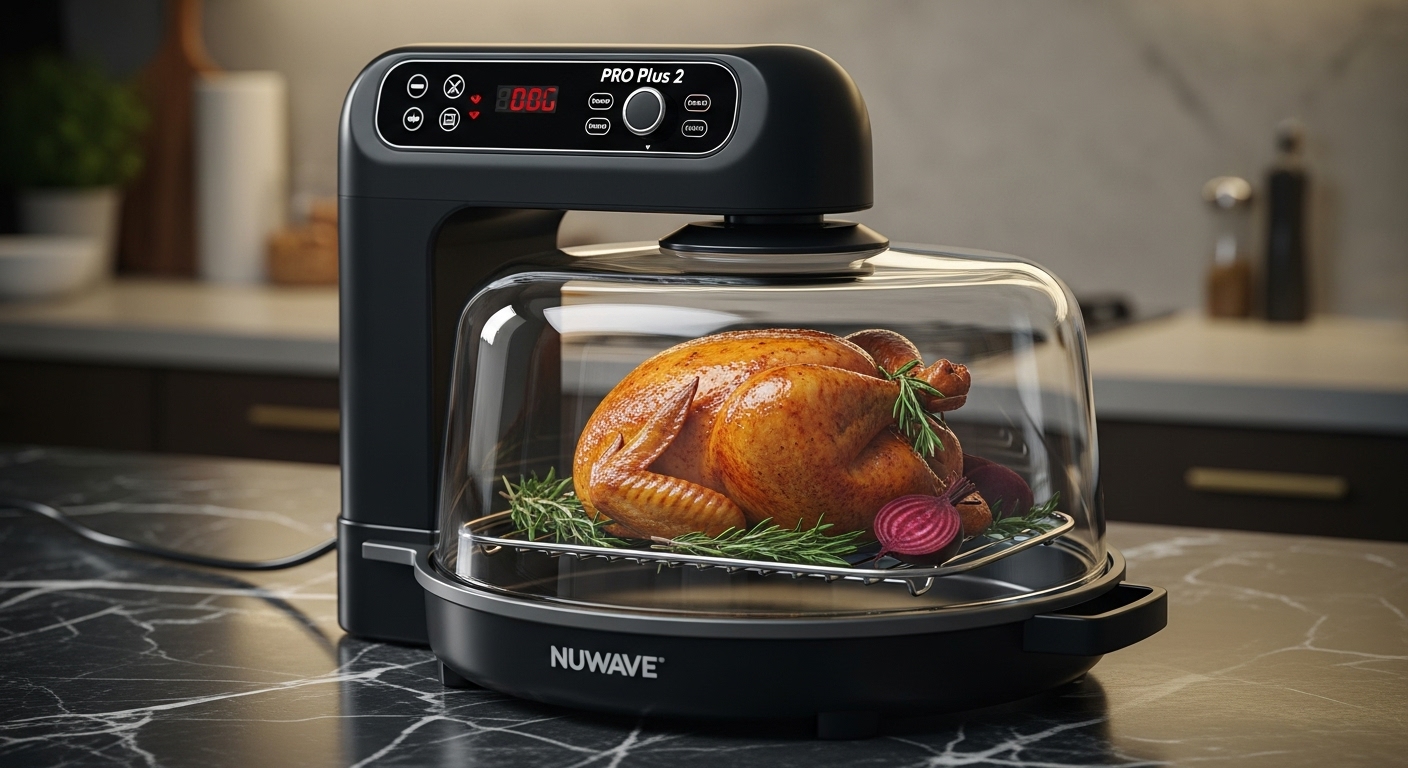 Nuwave Pro Plus 2 Infrarot-Ofen mit einem ganzen gebratenen Hähnchen, sichtbar durch die klare Glas-Kuppel.