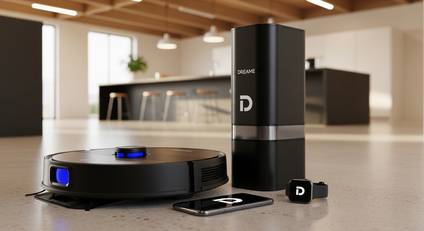 DREAME X50 Ultra Staubsauger- und Wischroboter mit seiner hohen Selbstentleerungsstation, Smartphone und Smartwatch in einer schlanken Kücheneinstellung.
