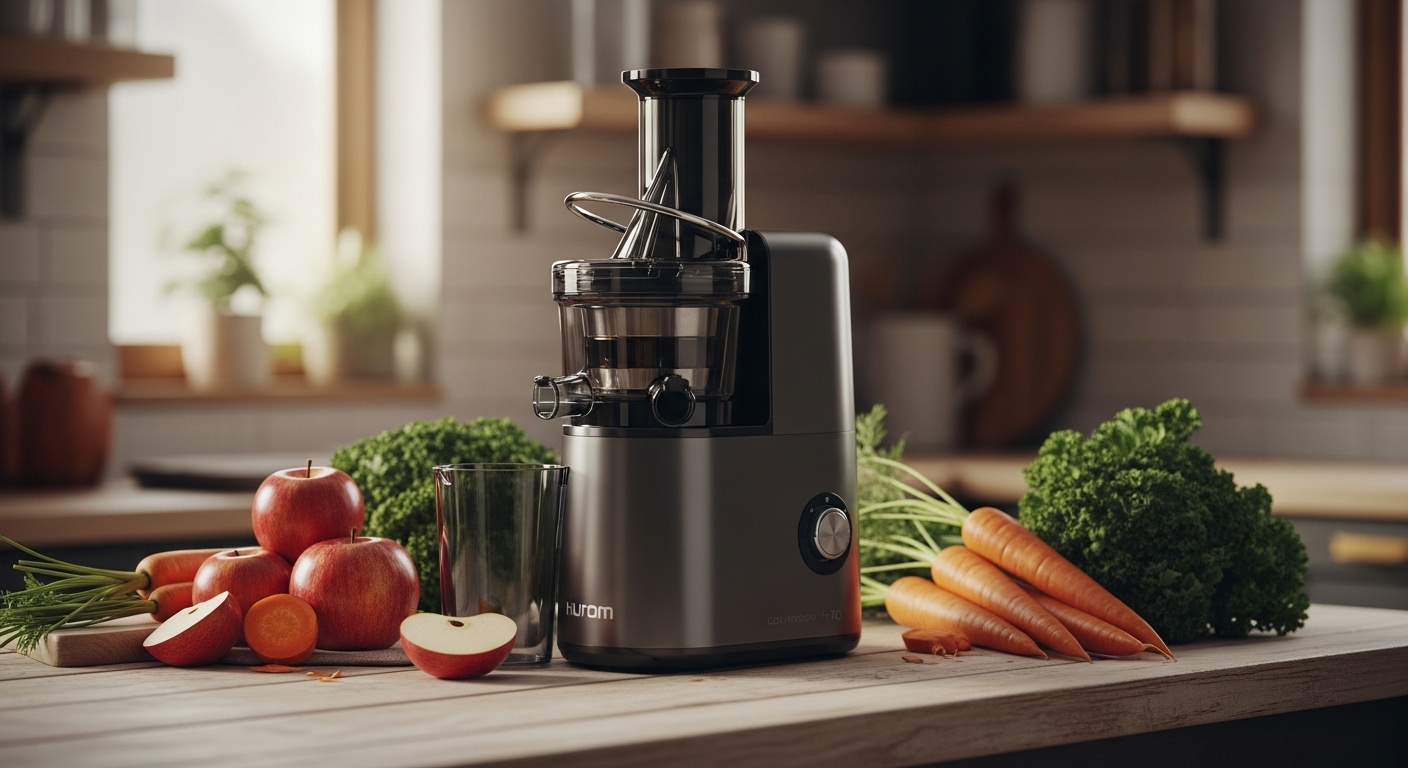 Hurom H70 cold press juicer on a kitchen counter with fresh ingredients