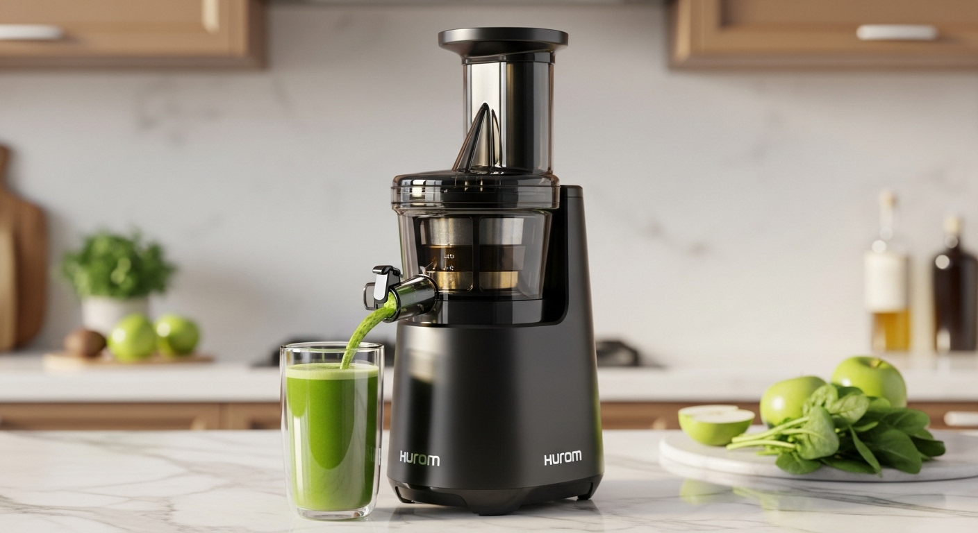 Hurom H400 cold press juicer next to a glass of vibrant green juice in a modern kitchen