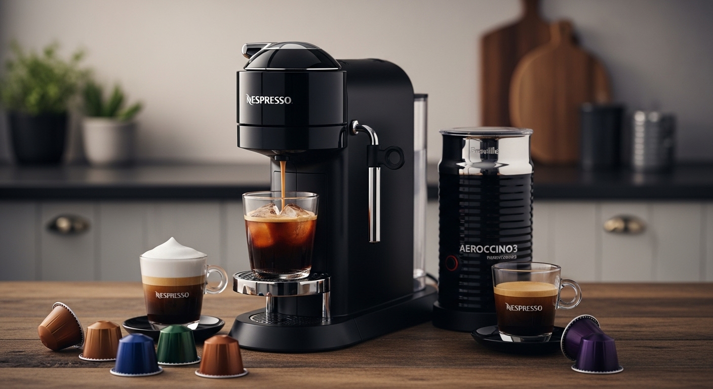 Nespresso Festive Vertuo Pop+ Deluxe Coffee and Espresso Maker by Breville with Aeroccino3 milk frother brewing iced coffee