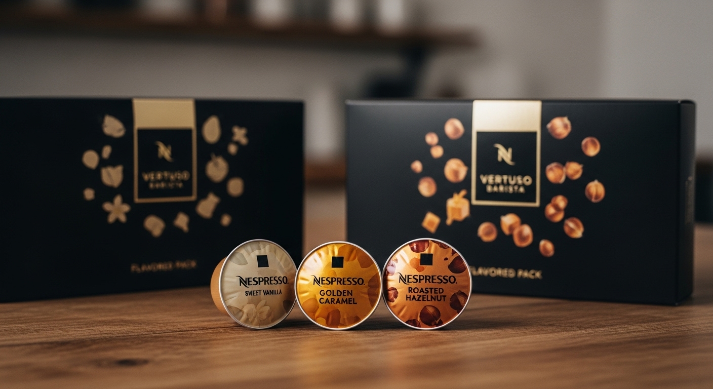 Nespresso Vertuo Barista Flavored Pack coffee pods with vanilla, caramel, and hazelnut flavors