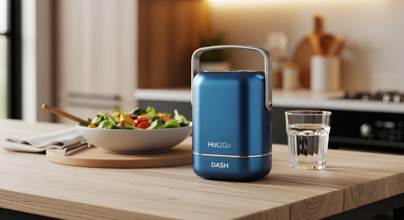 DASH Hot2Go Personal Food Warmer en bleu sur un comptoir de cuisine