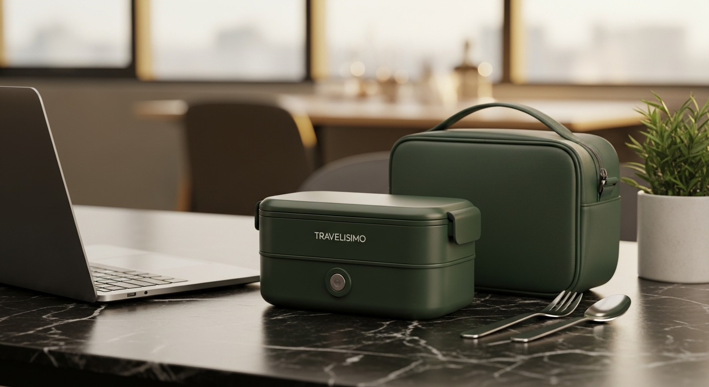 TRAVELISIMO Electric Lunch Box en vert foncé avec sac et couverts sur un bureau