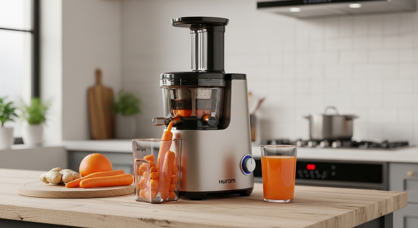 Hurom H400 Cold Press Juicer in zweifarbigem Beige, frischer Karottensaft wird zubereitet