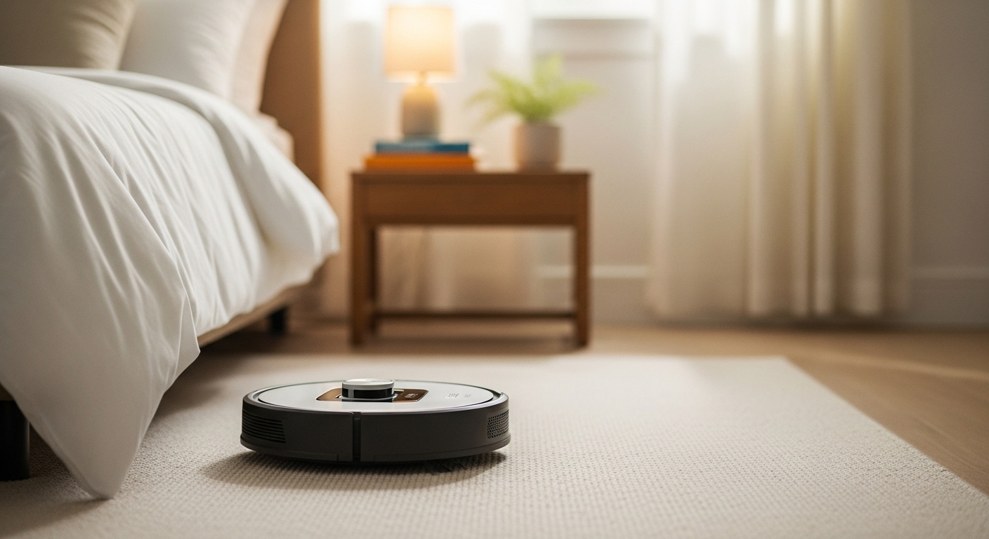 iRobot Roomba 105 Vac robot aspirateur nettoyant un tapis dans une chambre