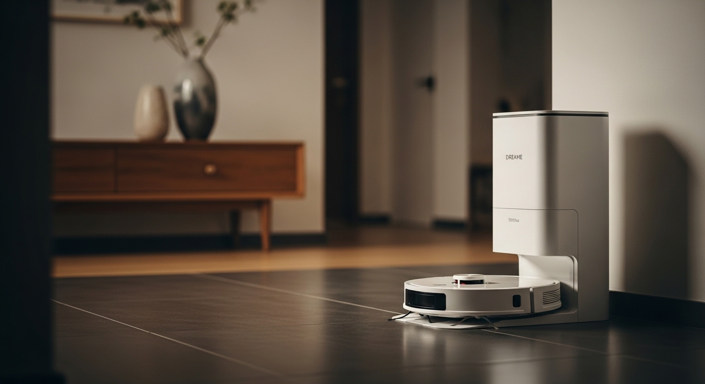 DREAME D20 Plus robot aspirateur et laveur avec station d'auto-vidage sur sol carrelé