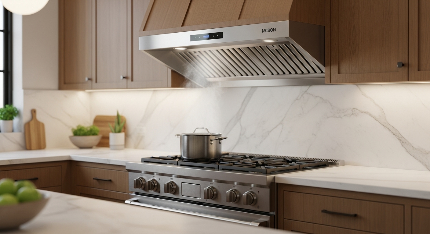 MCBON 30-inch range hood insert seamlessly integrated into modern kitchen cabinetry