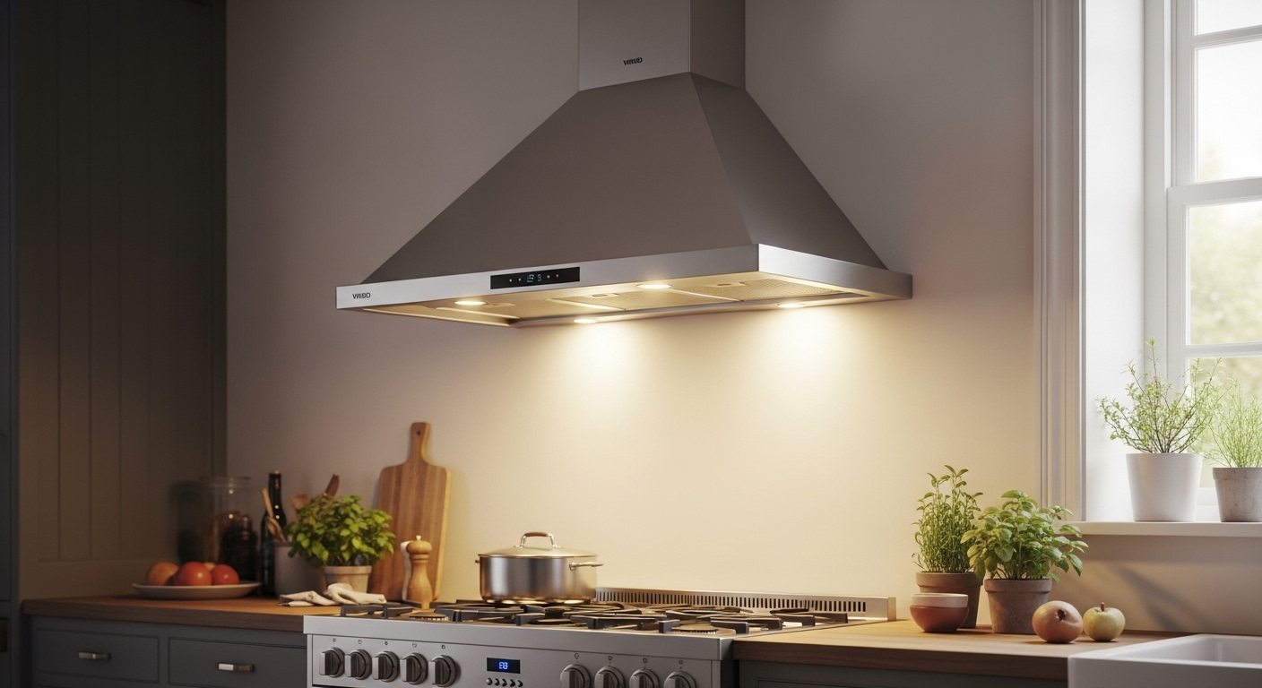 VIKIO HOME 30-inch wall mount range hood with pyramidal design in a stylish kitchen