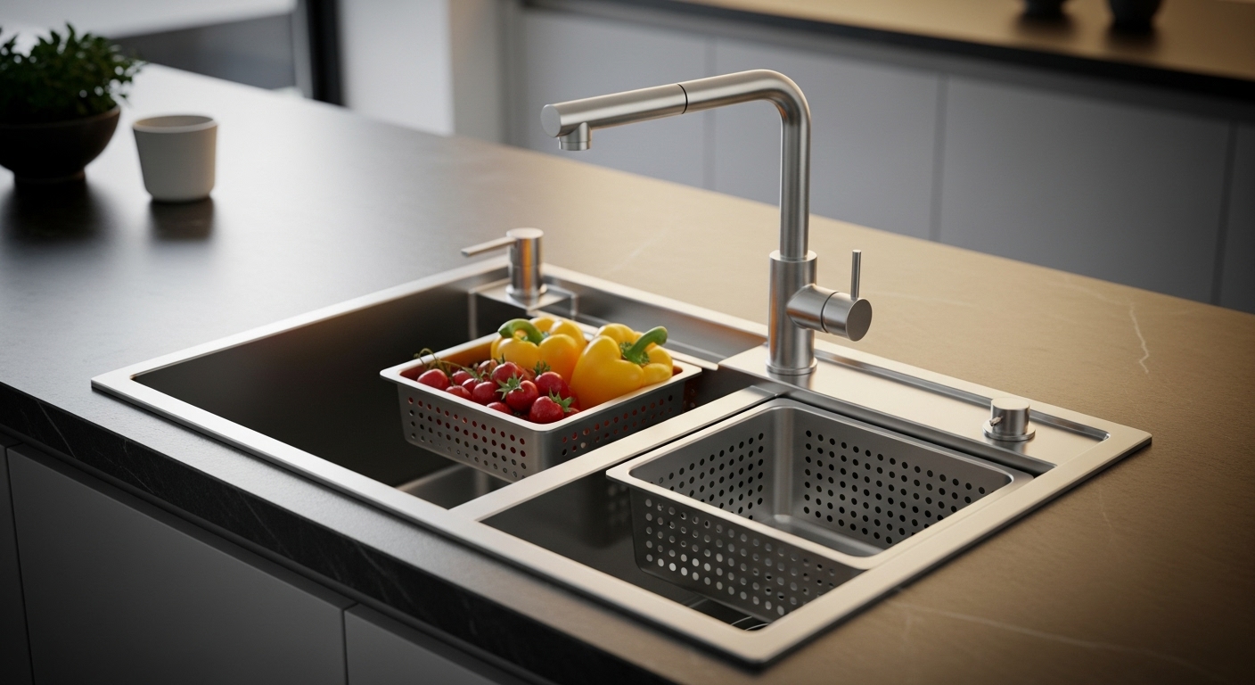 Évier de cuisine en acier inoxydable moderne avec design à double niveau, robinet extractible et bassins de préparation intégrés