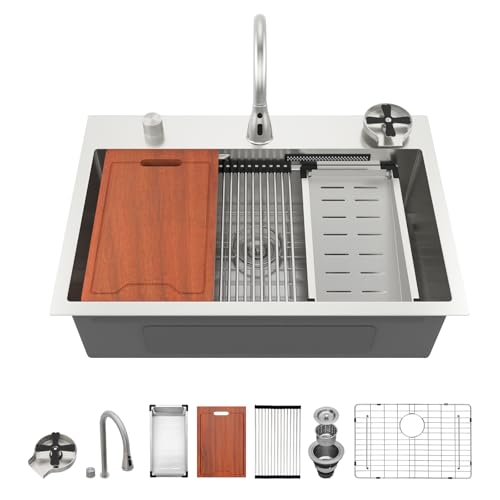 Évier de cuisine Lordear 33 pouces avec planche à découper, grille roulante et robinets intégrés