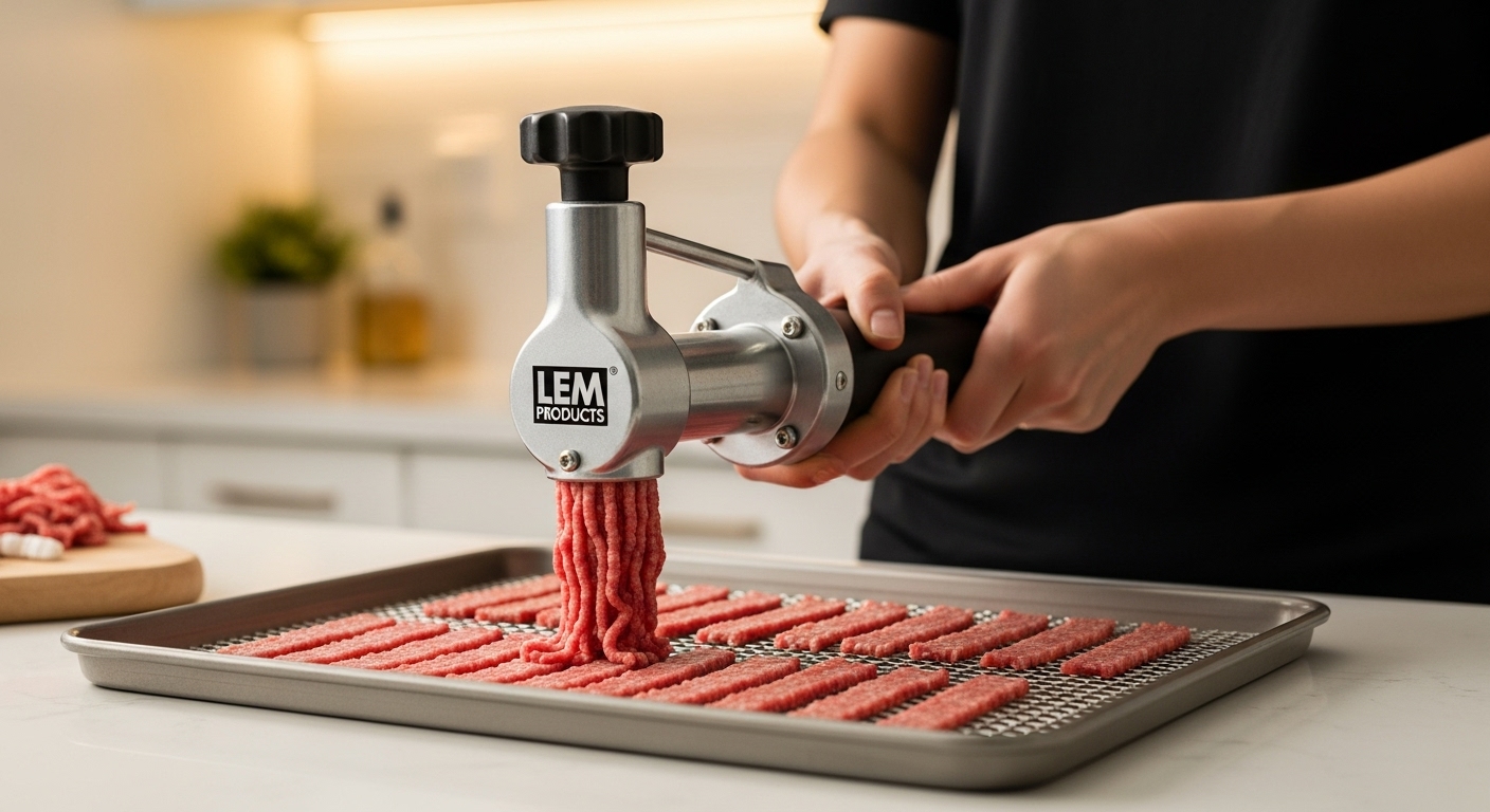 LEM Jerky Cannon, die Hackfleisch auf ein Dehydrator-Tablett für selbstgemachtes Jerky extrudiert