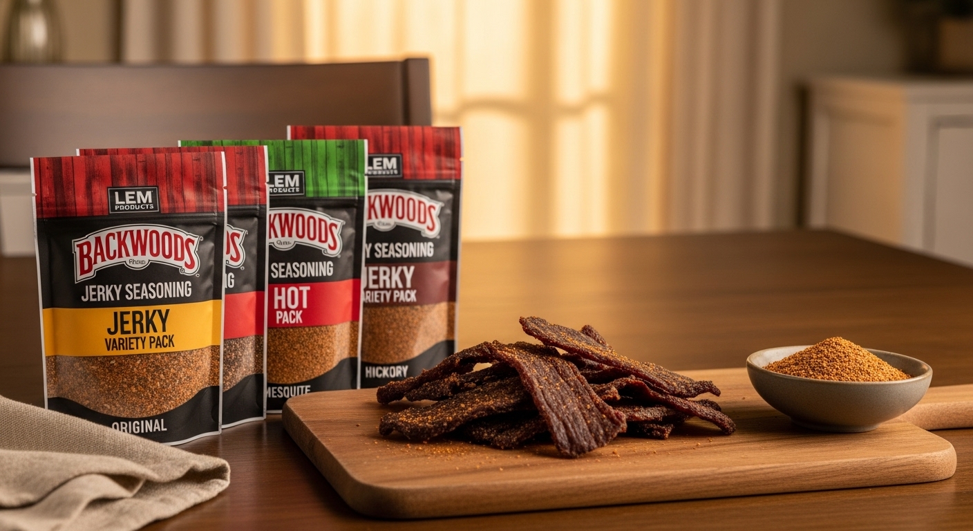 LEM Backwoods Jerky Gewürz-Vielfaltspackung mit fertigen Rindfleisch-Jerky-Scheiben