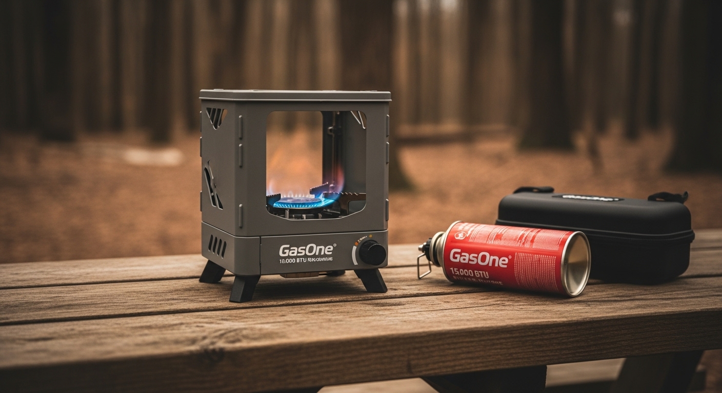 GasOne 15.000 BTU tragbarer Butangas-Campingkocher mit blauer Flamme und Tragetasche auf einem Picknicktisch