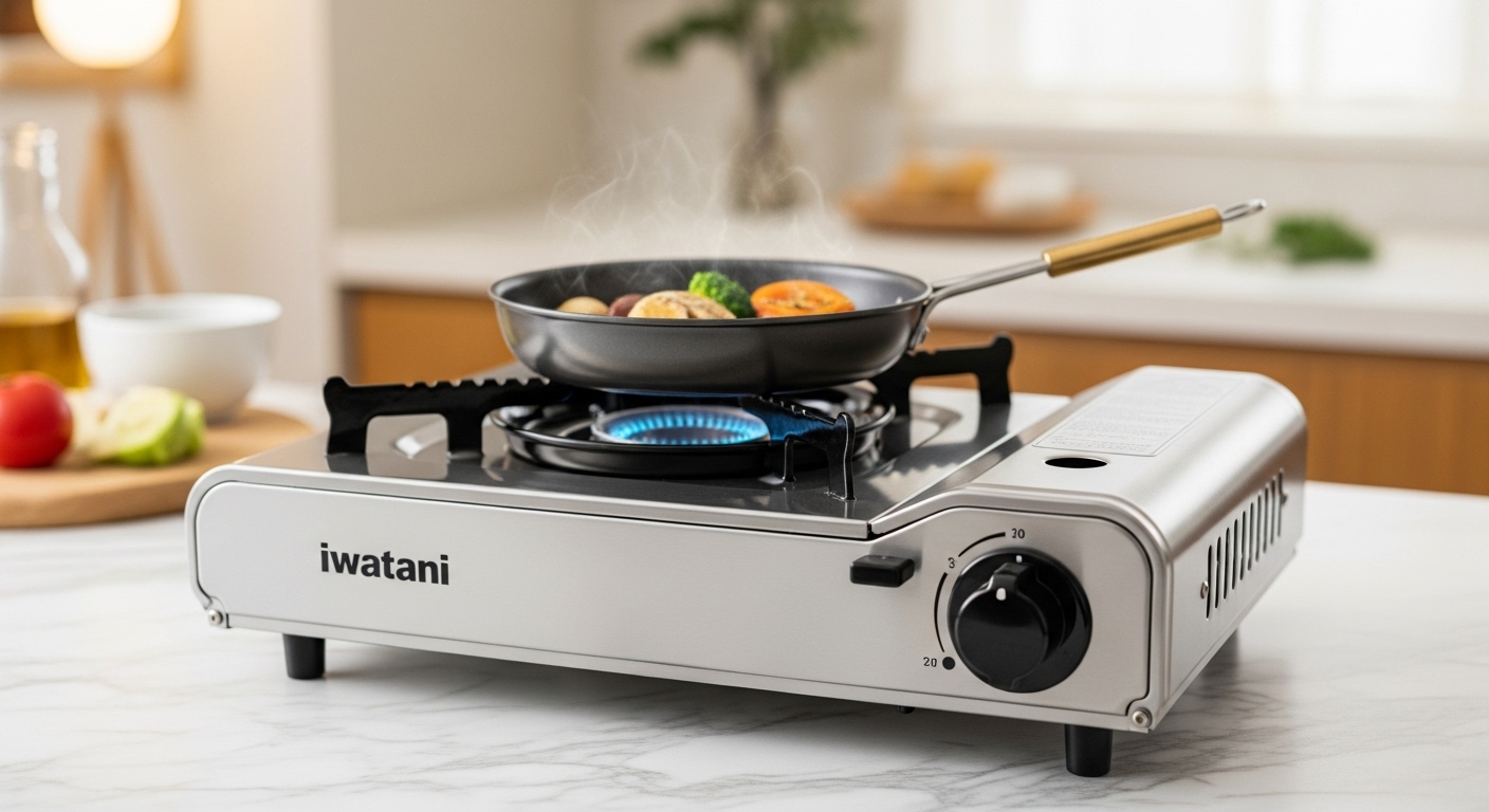 Iwatani 35FW Einbrenner-Butan-Portable Kochfeld aus Edelstahl auf einer Marmorarbeitsplatte