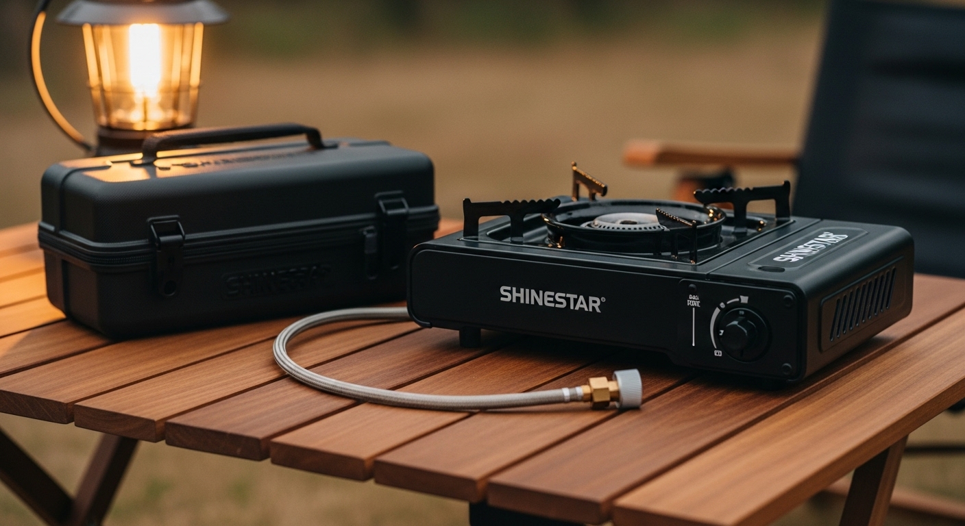 SHINESTAR Dual Fuel tragbarer Campingkocher in Schwarz mit Propan-Adapterschlauch und Tragetasche