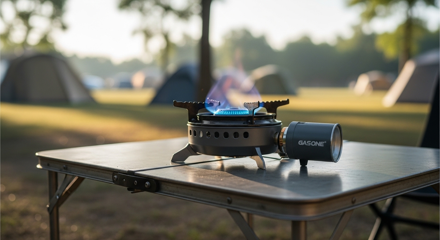Gas One tragbarer Butangas-Campingkocher mit blauer Flamme auf einem Metall-Camping-Tisch