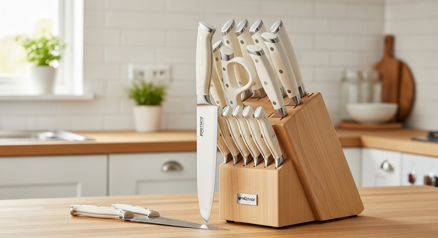 Wusthof Classic Ikon Creme 23 Piece Knife Block Set on a butcher block