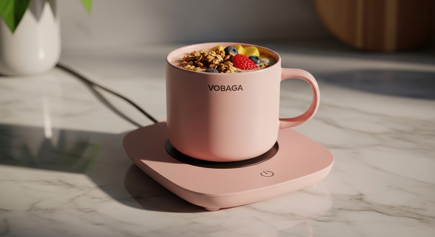 VOBAGA Coffee Mug Warmer in pink with a mug of warm cereal