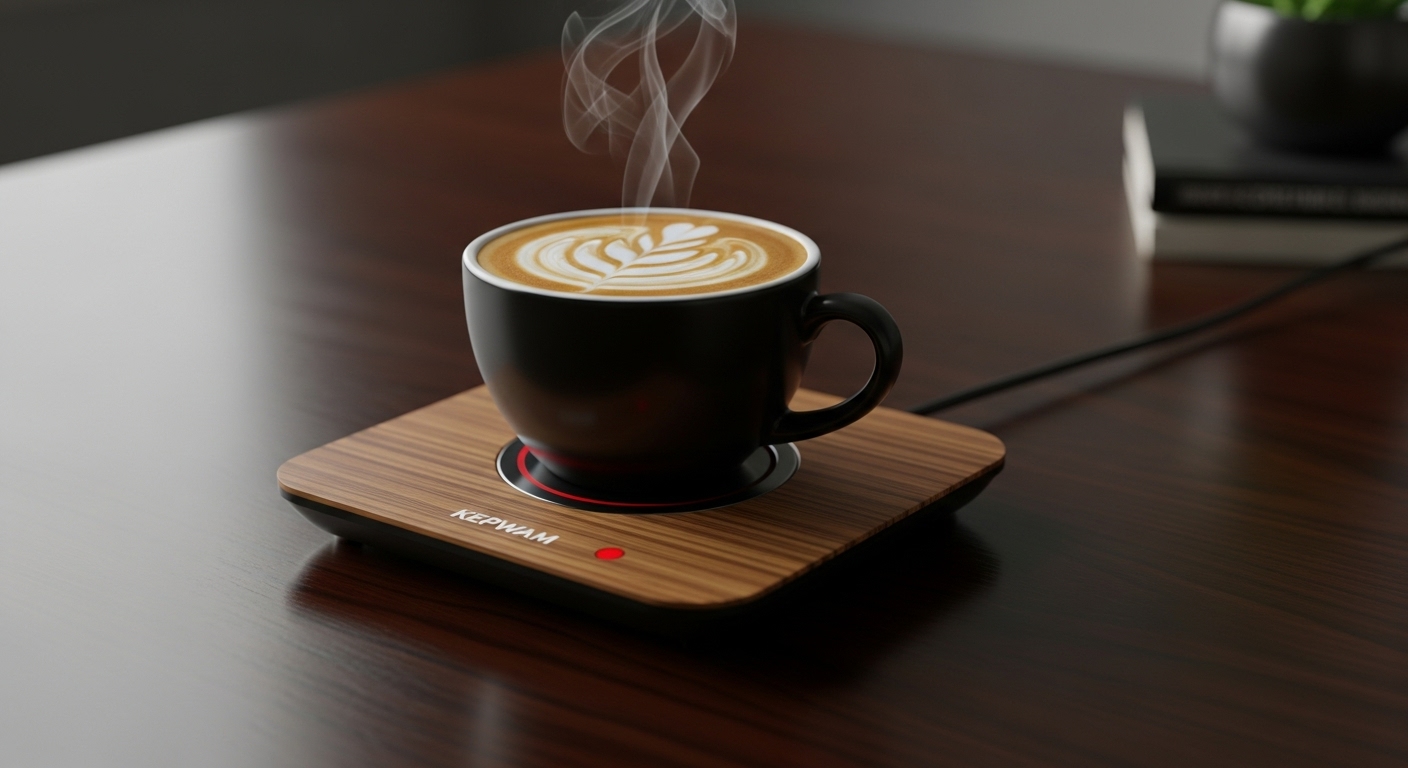Kepwam Coffee Mug Warmer with wood grain finish and steaming latte