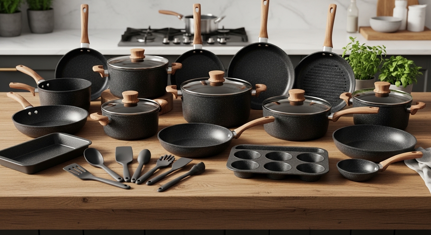 Ensemble complet de casseroles et poêles antiadhésives Kikcoin de 31 pièces avec moules à pâtisserie et ustensiles, noir avec finition tachetée et poignées style bois