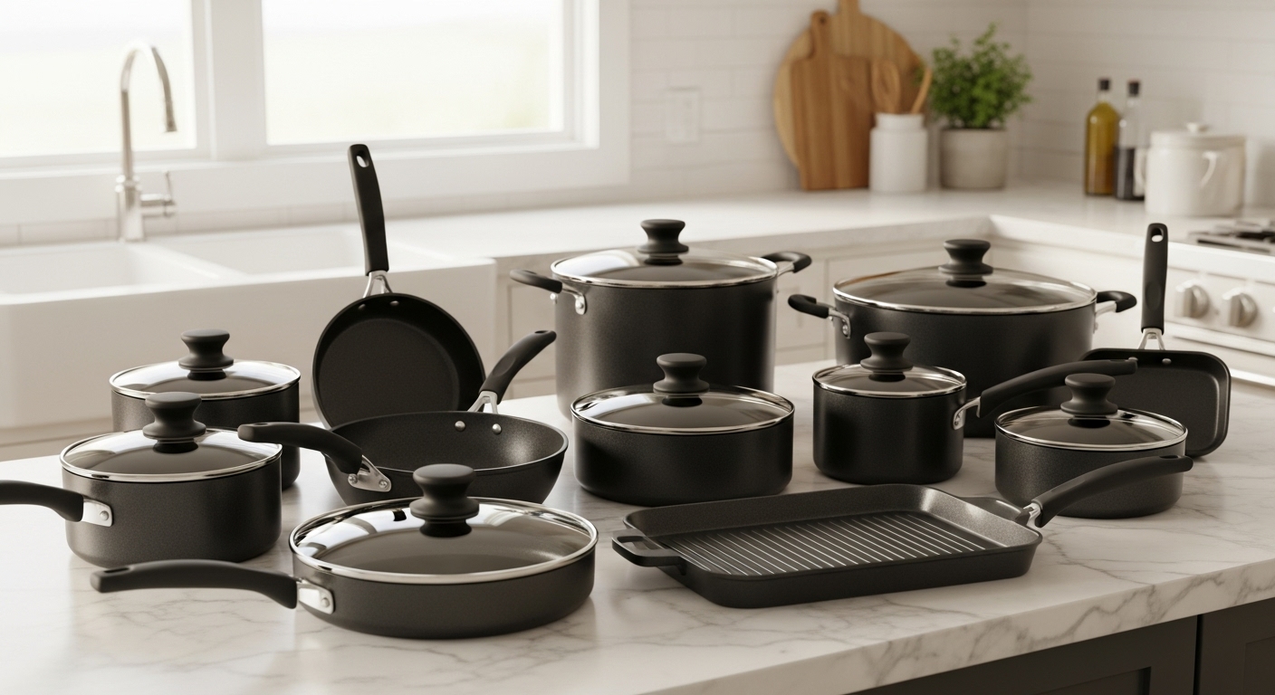 Ensemble de batterie de cuisine antiadhésive T-Fal Ultimate Hard Anodized de 17 pièces en noir, comprenant diverses casseroles, poêles et une plaque de cuisson avec couvercles en verre