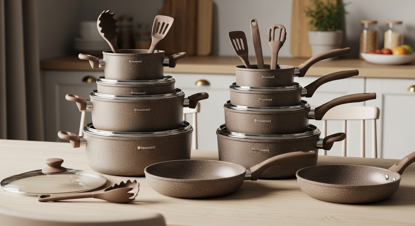 Ensemble de batterie de cuisine antiadhésive en céramique Chef Power de 19 pièces en taupe mocca avec poignées détachables, empilé pour un rangement compact
