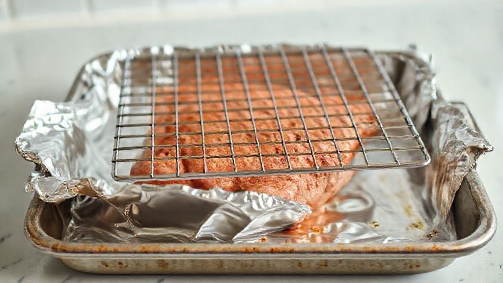 Bandeja de horno forrada con papel de aluminio y una rejilla
