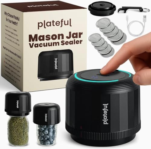 Kit de Sellador Eléctrico al Vacio para Tarros Mason Plateful (con Tapones Incluidos) para Tarros de Boca Ancha y Boca Regular, Sellador Portátil al Vacio para Tarros, Máquina de Envasado para Almacenamiento de Alimentos, Incluye Tapones, Abridor, Cargador