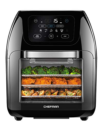 CHEFMAN Multifunktionaler Digitaler Air Fryer+ Rotisserie, Dehydrator, Konvektionsofen, 17 Touchscreen-Voreinstellungen Frittieren, Braten, Dehydrieren, Backen, XL 10L Familiengröße, Automatische Abschaltung, Großes Easy-View Fenster, Schwarz