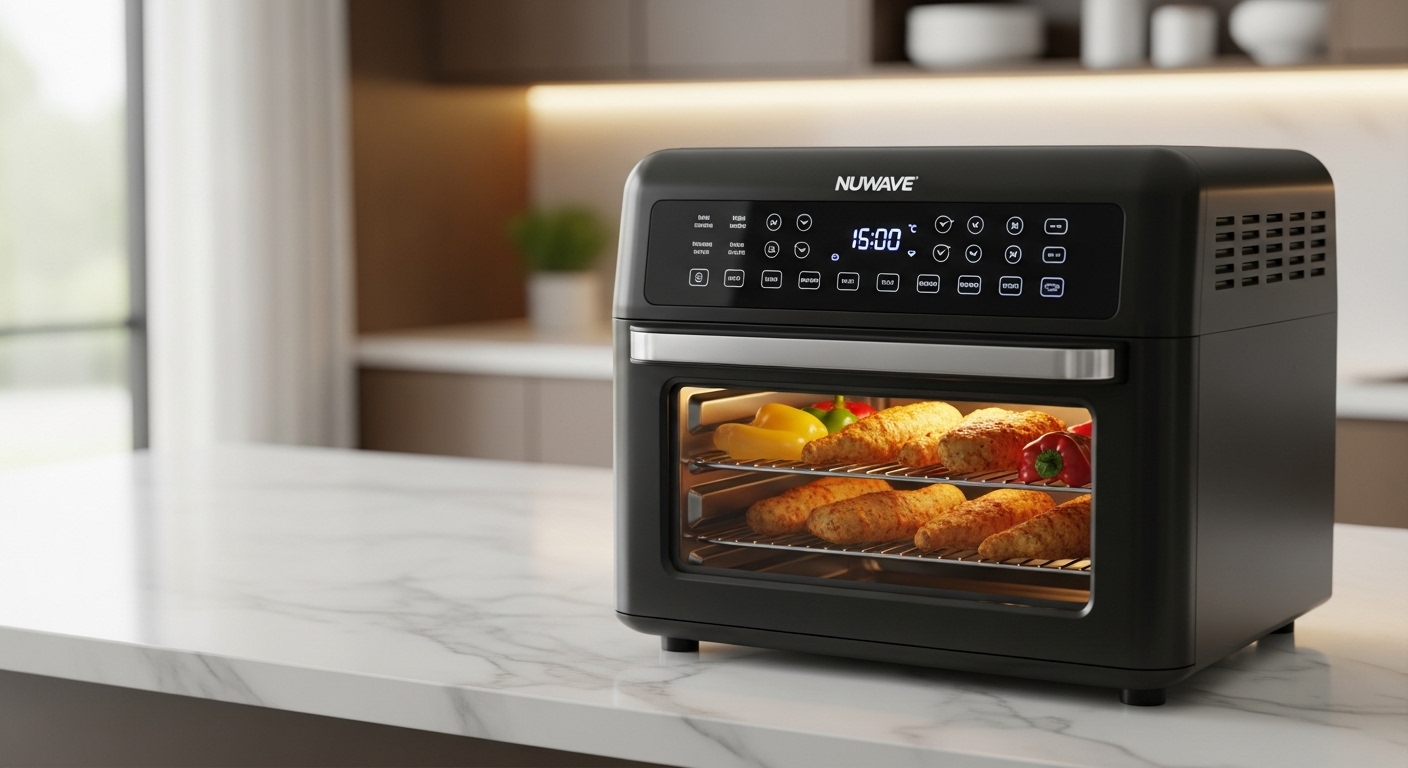 Nuwave Brio 15.5Qt 10-IN-1 Air Fryer Rotisserie Ofen in einer modernen Kücheneinrichtung